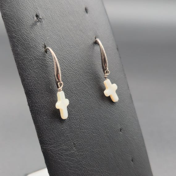 Silver Plated Cross Shell Religious Dangle Earrin… - image 2