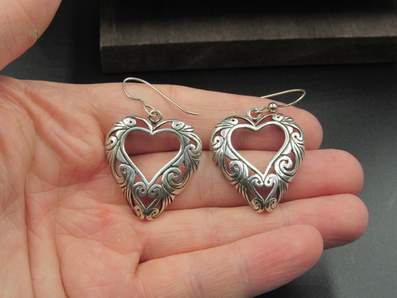 Sterling Silver Large Ornate Heart Drop Earrings … - image 1