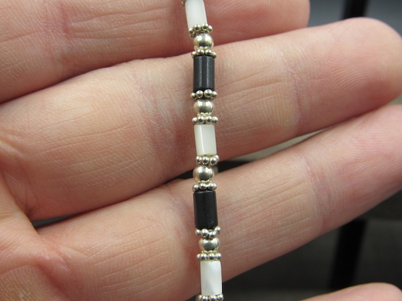 7" Sterling Silver White Shell And Black Stone Br… - image 2