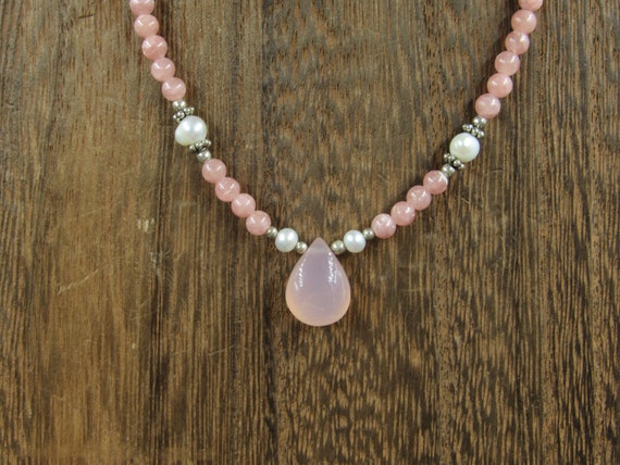 14" Sterling Silver Rose Quartz Stones And Pearls… - image 1