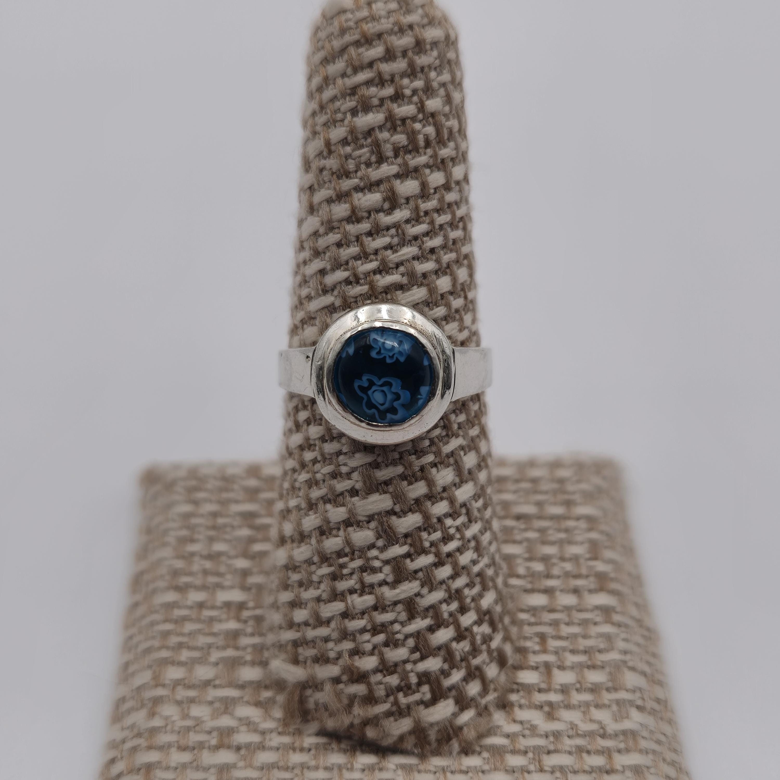40s〜リングNo.737822 Size 7.25 Sterling Silver Handmade Blue Floral Glass Ring