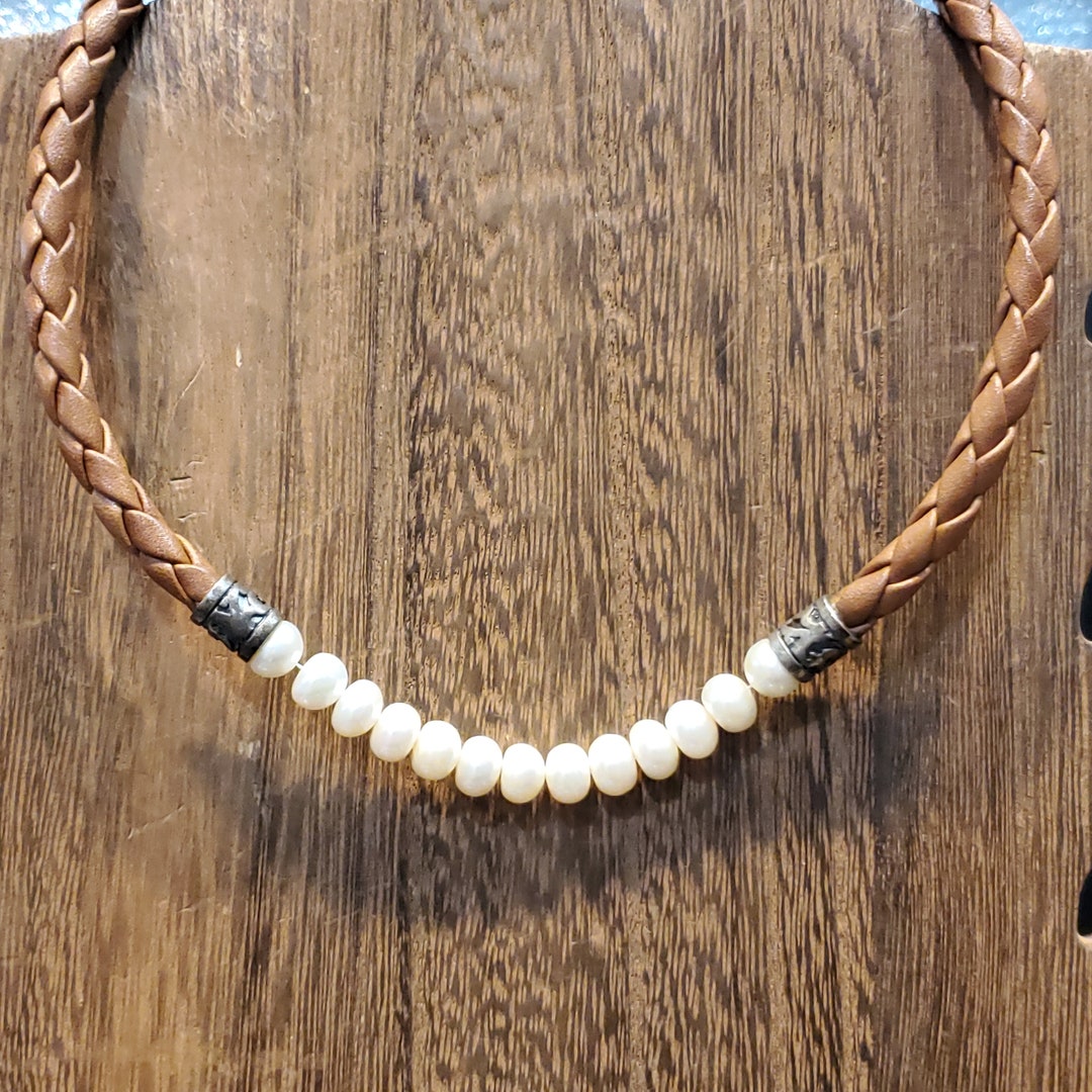 ネックレス・ペンダント Handmade brown pearls necklace 22 Inch 925 Sterling Silver & Brown Leather Genuine Pearls