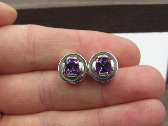 Sterling Silver Amethyst & Ruby Odd Stud Earrings… - image 1