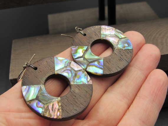 Sterling Silver Abalone & Wood Circle Earrings Vi… - image 2