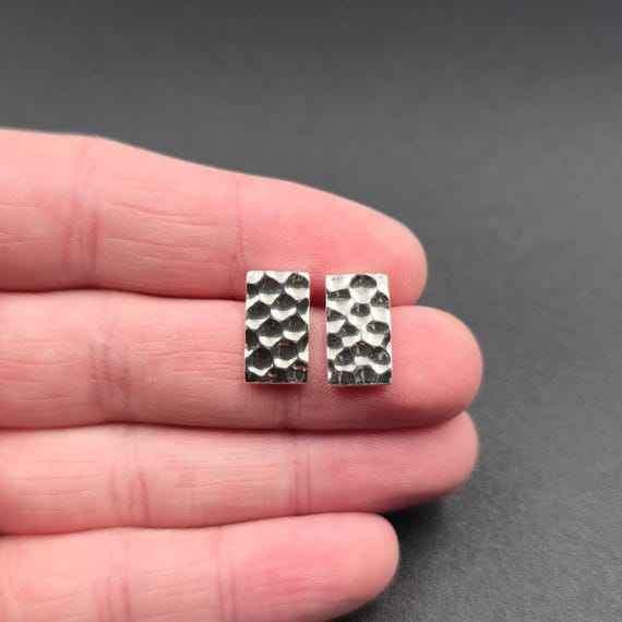 Sterling Silver Hammered Small Rectangle Stud Ear… - image 1