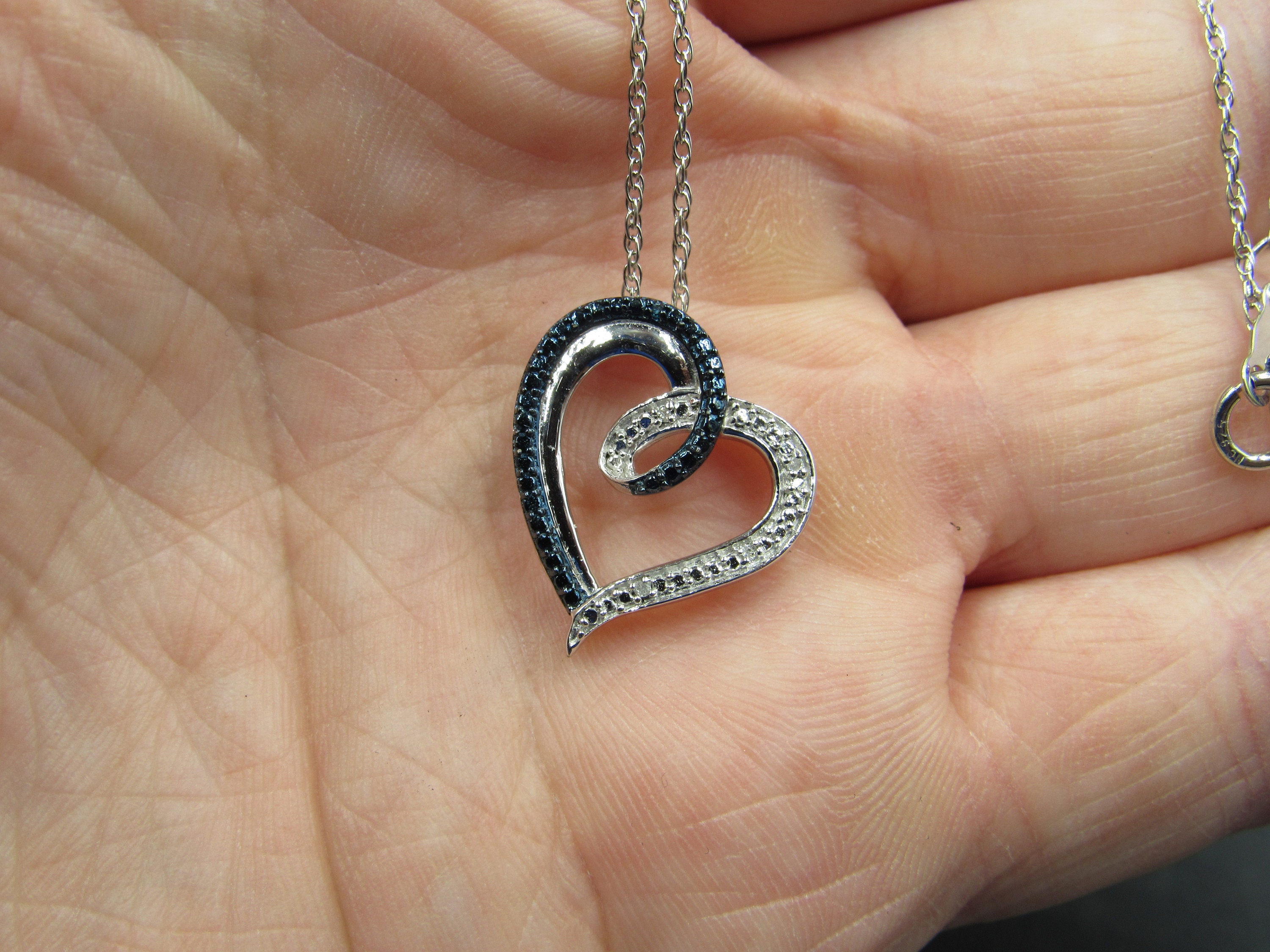 18 Sterling Silver Two Tone Diamond Chip Heart Necklace Etsy