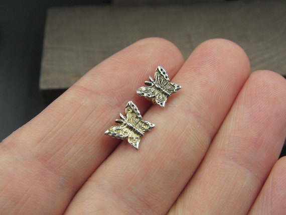 Sterling Silver Tiny Butterfly Rustic Stud Earrin… - image 2