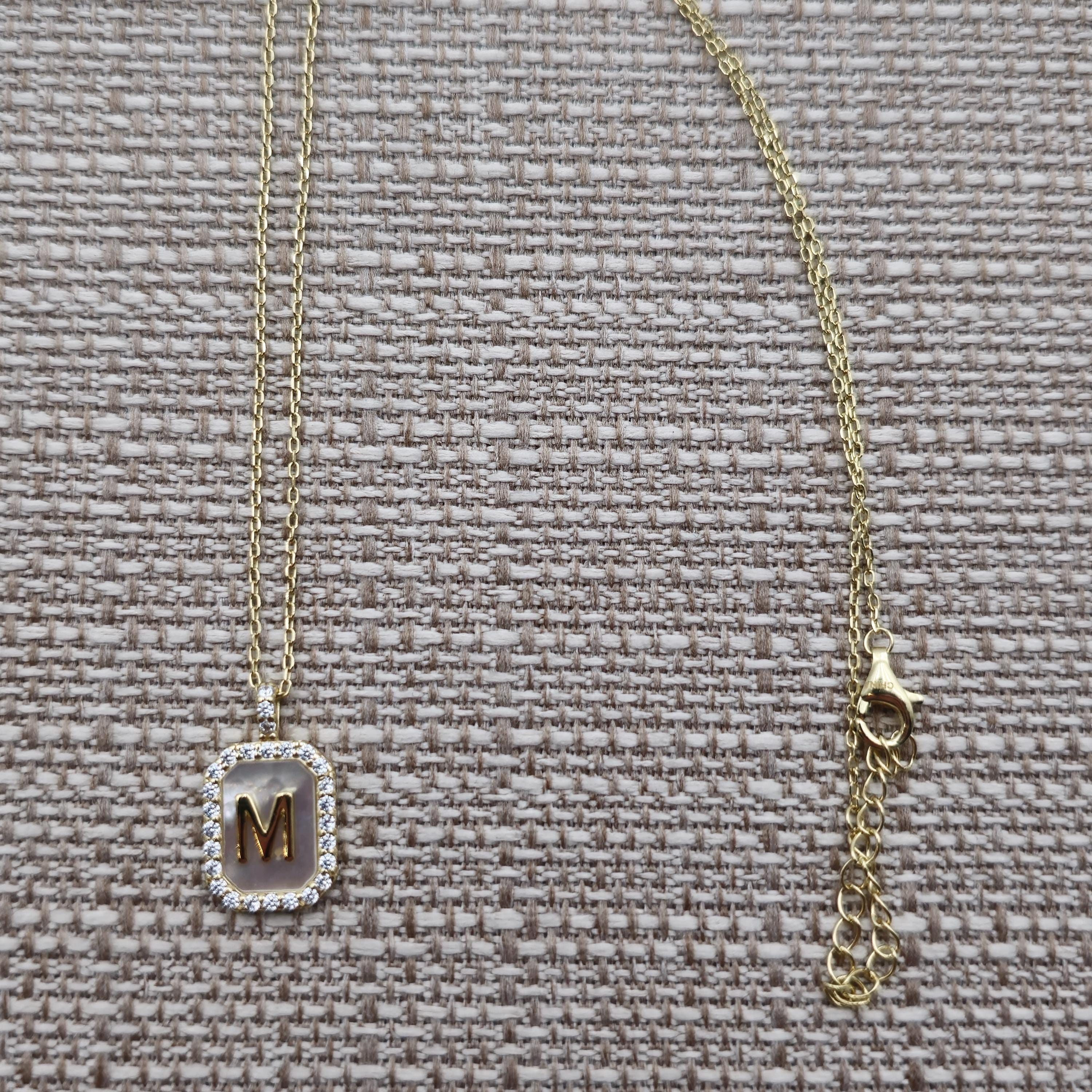 18 Inch Gold Over Sterling Silver Letter M Shell and CZ Necklace