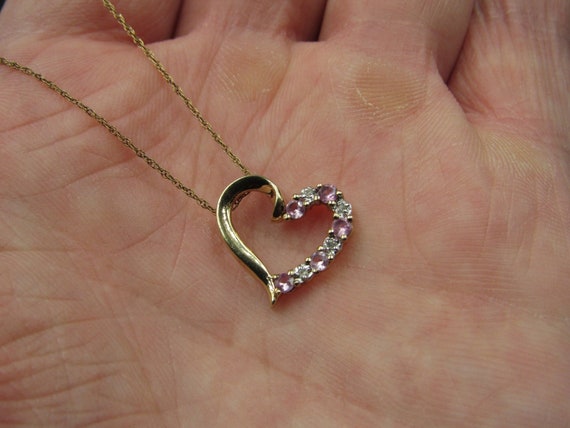 18" 10K Gold  Pink Topaz Heart Diamond Accent Nec… - image 3
