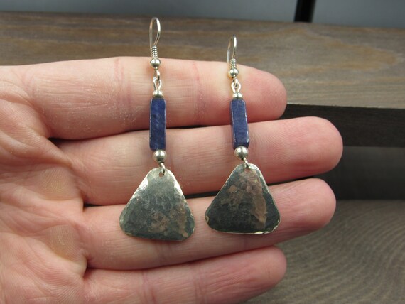 Sterling Silver Blue Stone & Triangle Hammered Ea… - image 1