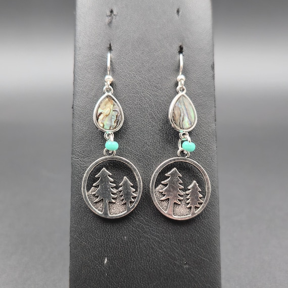 Silver Plated Abalone Shell And Forest Tree Earri… - image 2