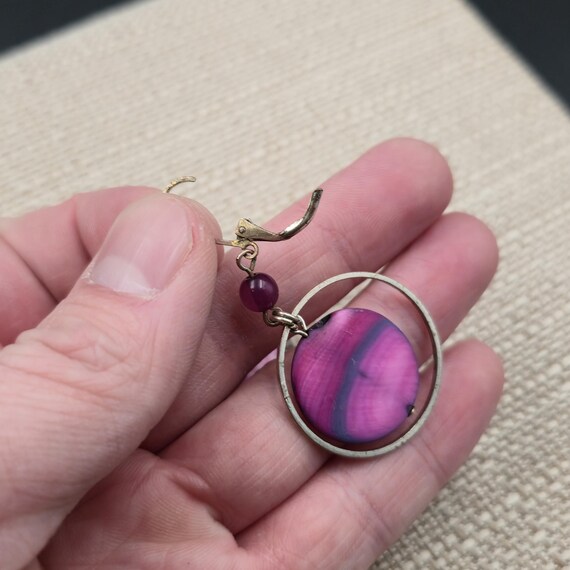 Silver Plated Purple Circle Shell Dangle Earrings… - image 3