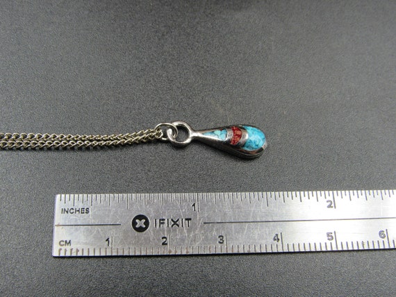 16" Silver Tone Turquoise And Coral Chip Pendant … - image 4