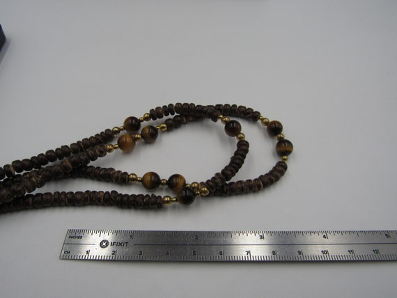 18" Wood & Tiger's Eye Necklace Vintage Costume J… - image 3