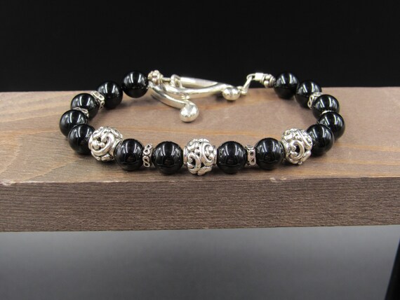 8" Sterling Silver Black Stone And Fancy Clasp Br… - image 1