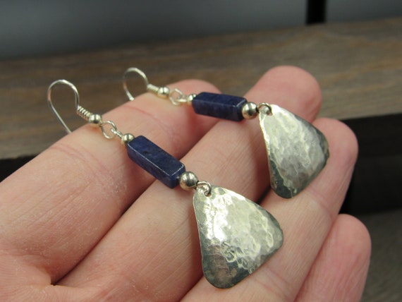 Sterling Silver Blue Stone & Triangle Hammered Ea… - image 2