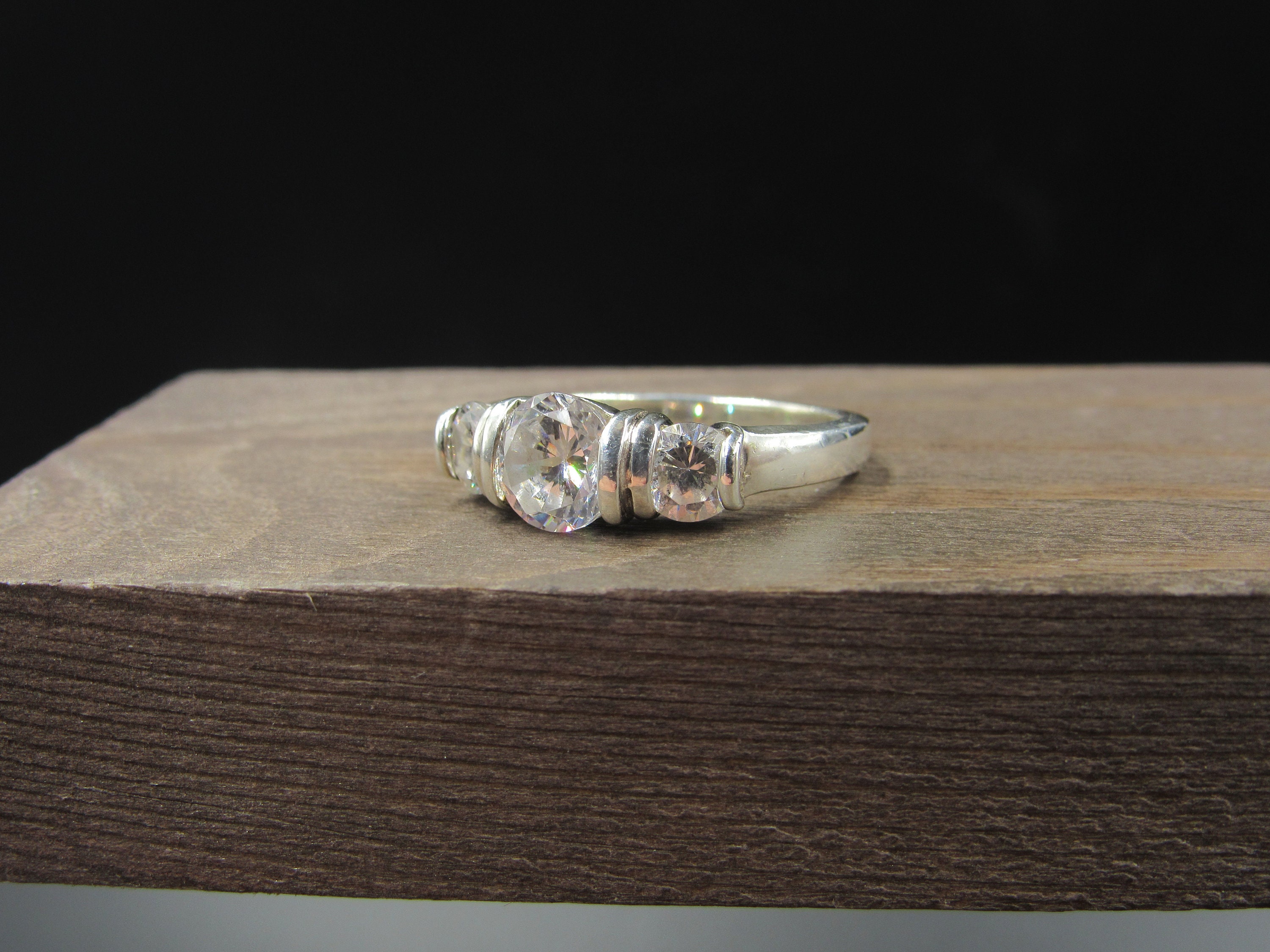Size 8 Sterling Silver Triple Round Clear CZ Stone Band Ring