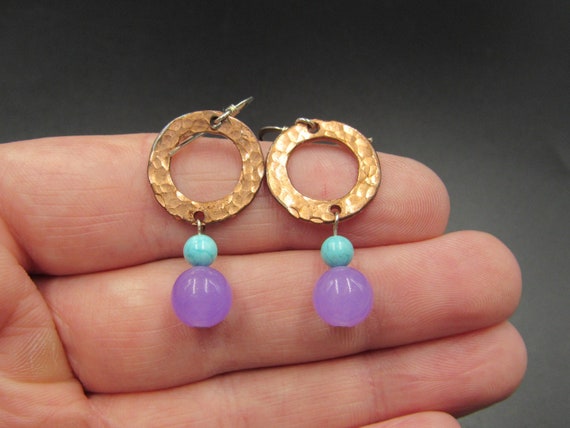 Sterling Silver & Copper Circle Amethyst Ball Ear… - image 1