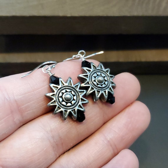 925 Sterling Silver Gothic Style Sun Earrings - image 2