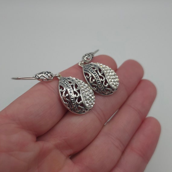 Sterling Silver Handmade Fancy Pattern Crystal Ea… - image 2