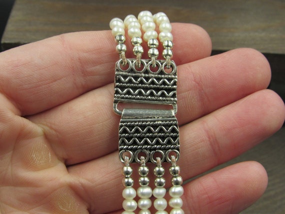 8" Sterling Silver Fancy Four String Real Pearls … - image 2