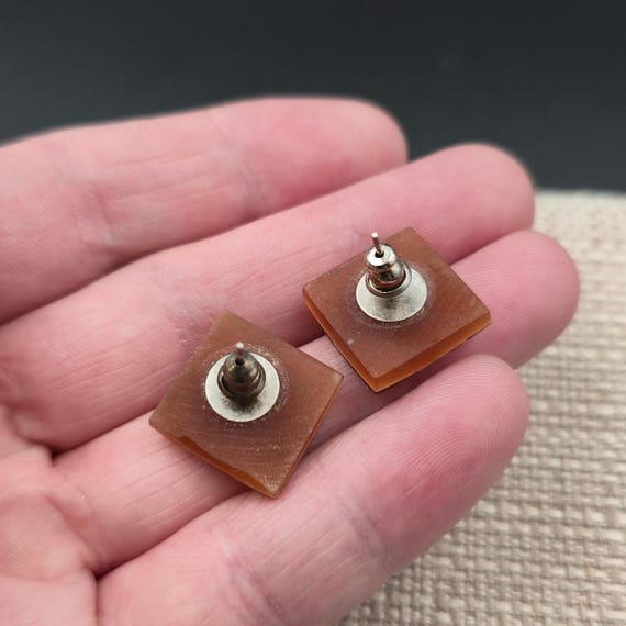 Silver Plated Checkered Shell Square Earrings A68… - image 3