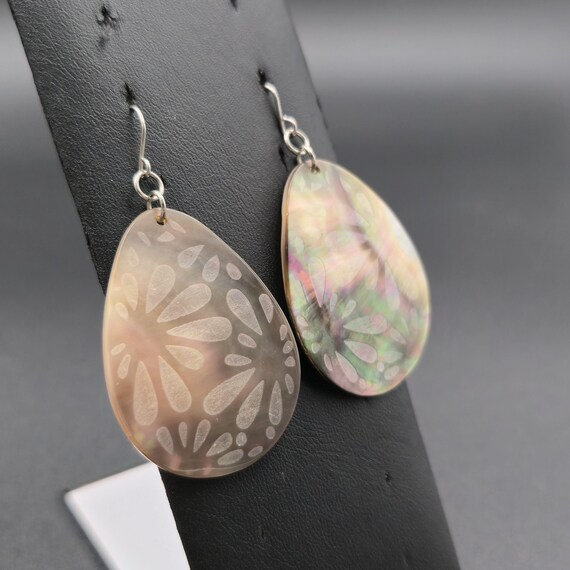 Silver Plated Floral Pattern Large Shell Dangle E… - image 2