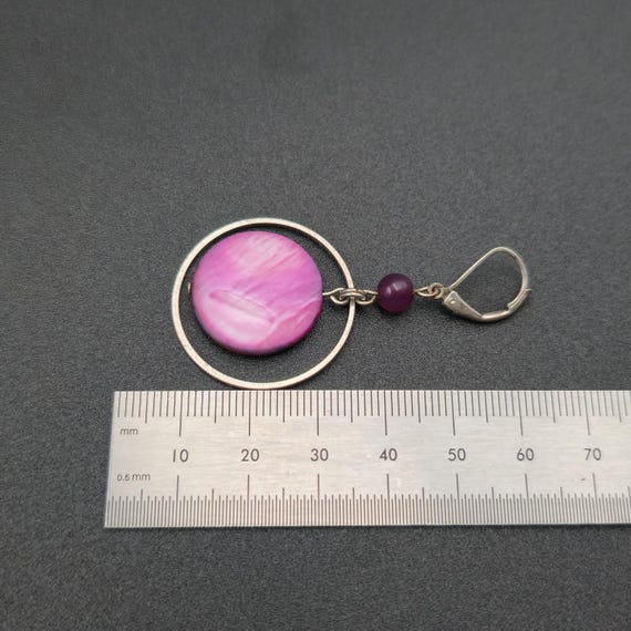 Silver Plated Purple Circle Shell Dangle Earrings… - image 4