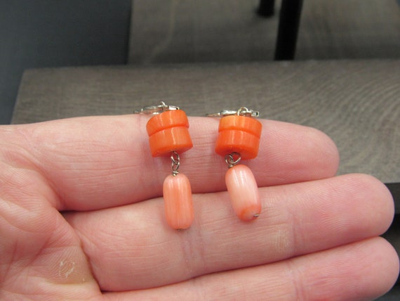 Sterling Silver Orange Shell Dangle Earrings Vint… - image 1