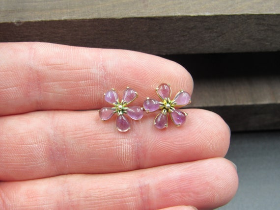 Sterling Silver Floral Amethyst Gold Plated Stud … - image 1
