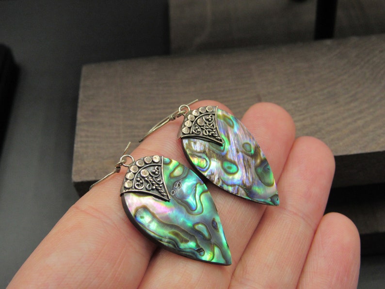 Sterling Silver Teardrop Abalone Shell Earrings Vintage Wedding Engagement Anniversary Beautiful Everyday Minimalist Cute