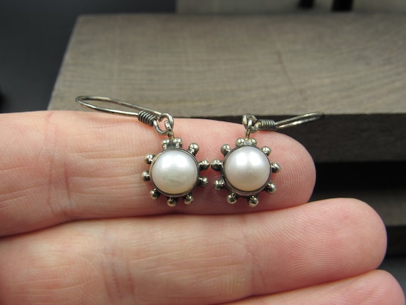 Sterling Silver Tarnished White Real Pearl Earrin… - image 1