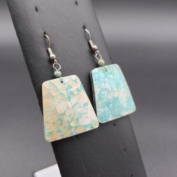 Silver Plated Handmade Blue Shell Dangle Earrings… - image 2