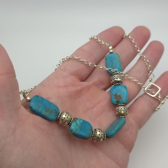 18 Inch Sterling Silver Solid Turquoise Stones Ne… - image 3