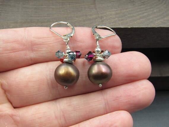 Sterling Silver Brown Pearls With Crystals Earrin… - image 1