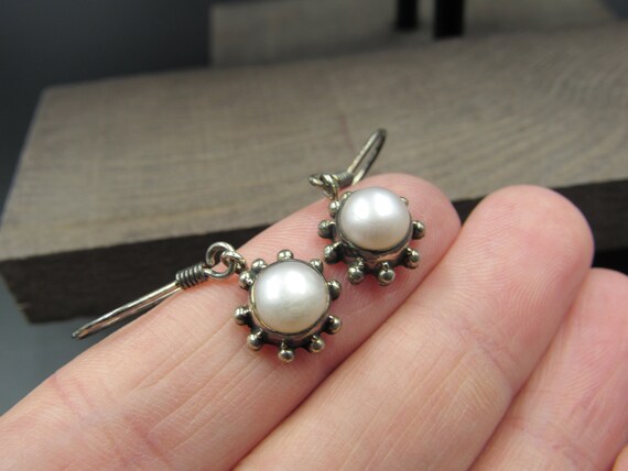 Sterling Silver Tarnished White Real Pearl Earrin… - image 2