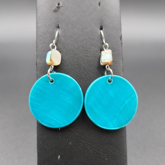 Silver Plated Circle Blue Shell Dangle Earrings A… - image 1