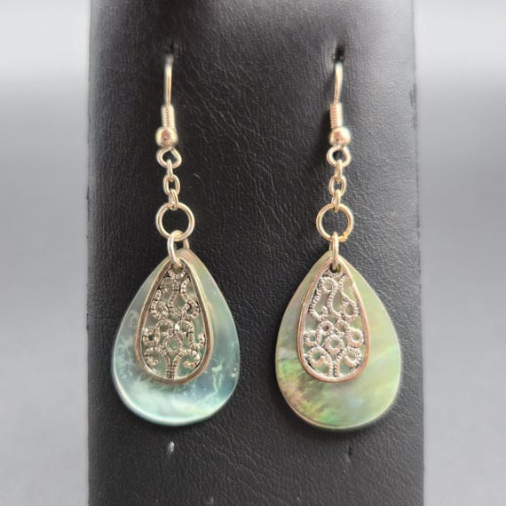Silver Plated Shell Filigree Rustic Dangle Earrin… - image 1
