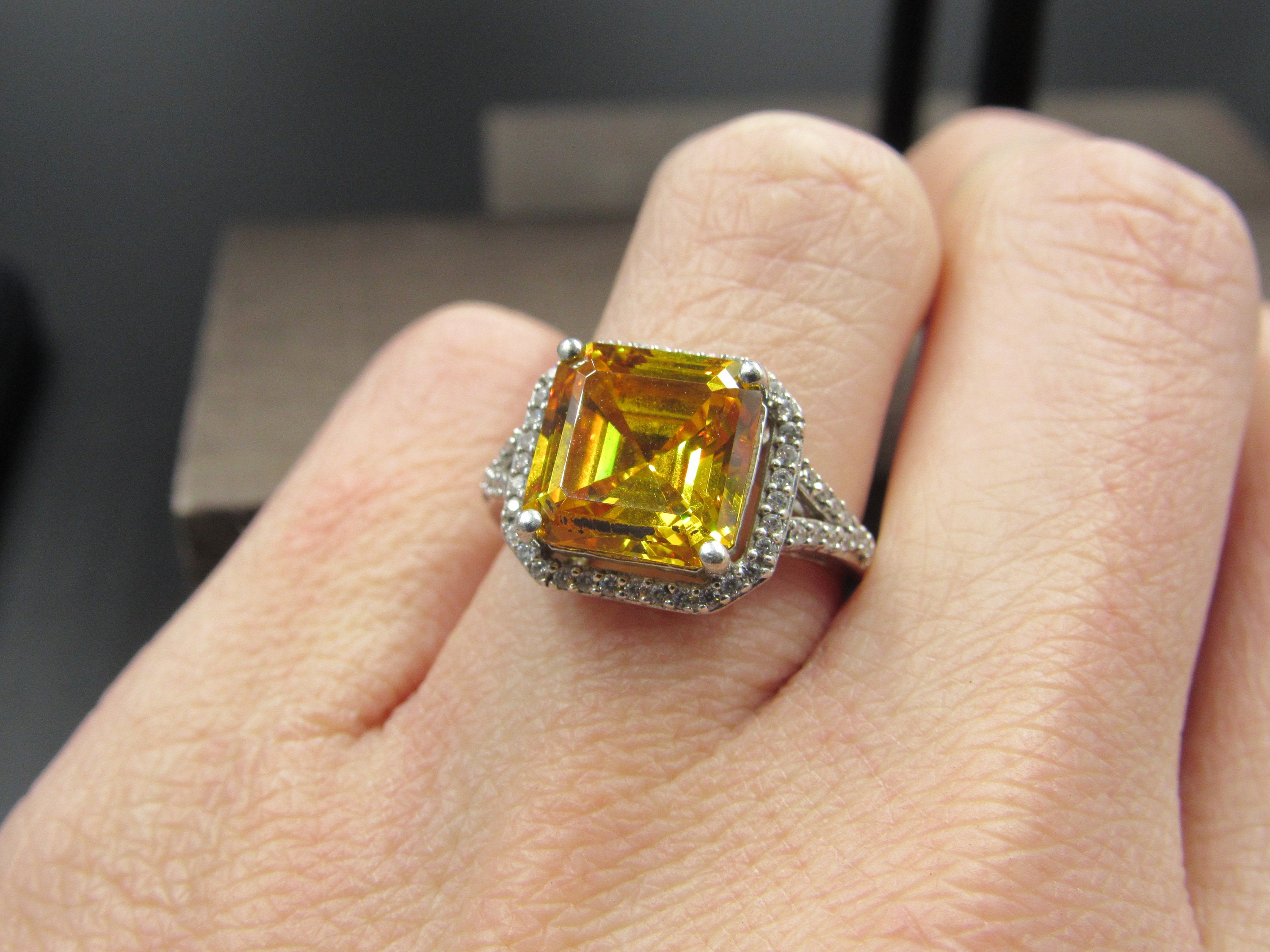 CZCLMLT Women's 925 Sterling Silver Champagne Square Diamond Ring - Gold Plated Citrine Gemstone, Size 6-10
