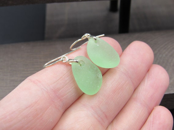 Sterling Silver Light Green Sea Glass Dangle Earr… - image 2