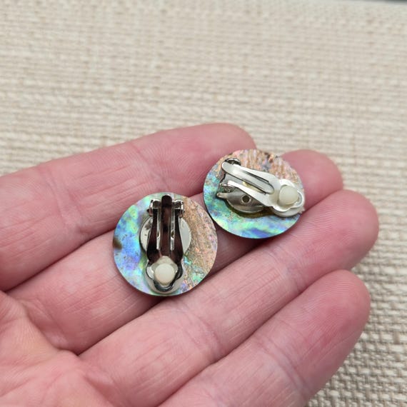 Silvertone Abalone Shell Circle Clip On Earrings … - image 3