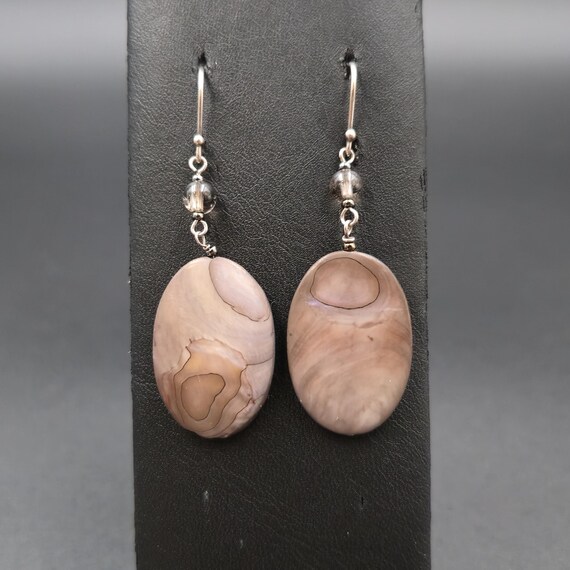 Sterling Silver Oval Dark Shell Dangle Earrings A… - image 1