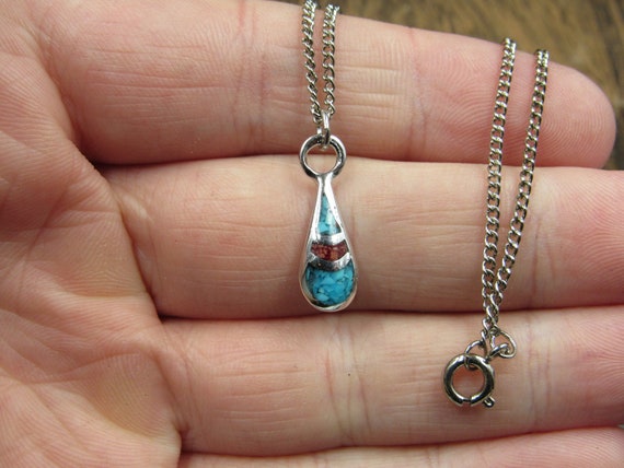 16" Silver Tone Turquoise And Coral Chip Pendant … - image 2
