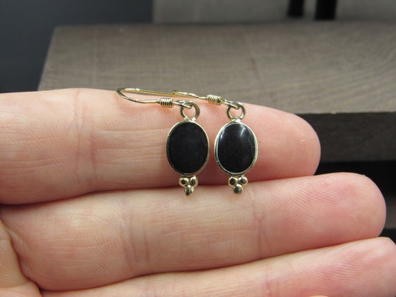 Sterling Silver Gold Plated Small Black Inlay Ear… - image 1