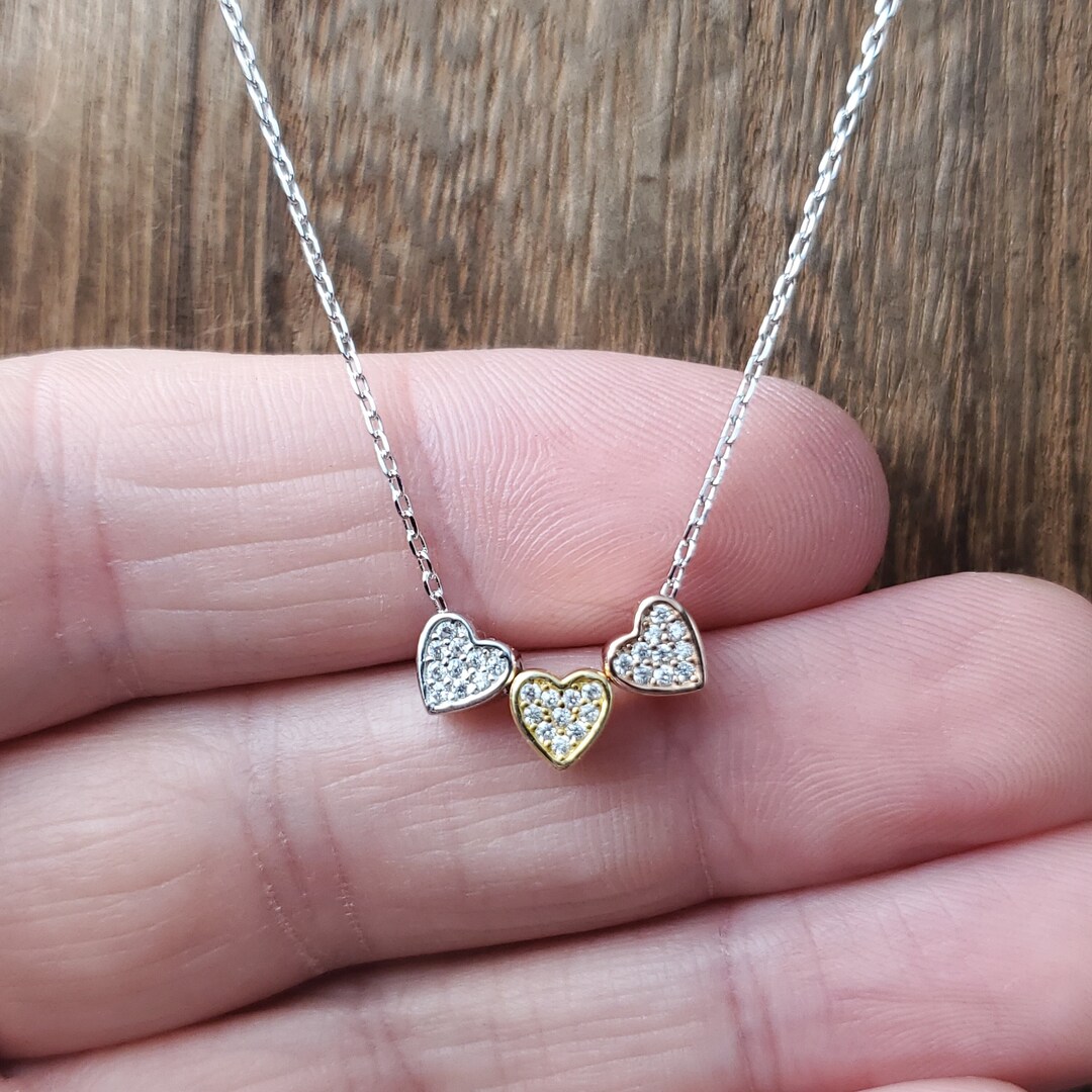16 Inch Sterling Silver Triple Gold Plated Cubic Zirconia Hearts