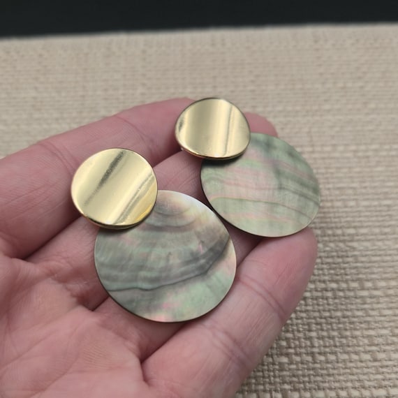 Gold Plated Dark Shell Circle Dangle Earrings A67… - image 2