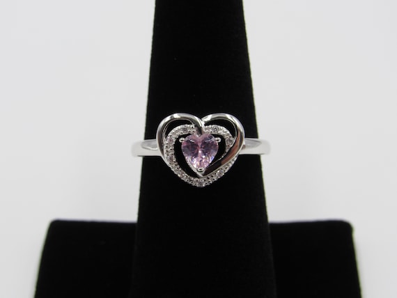 Sterling Silver Pink Cubic Zirconia Heart Ring – Open Back Design, Dainty & Romantic - View #2