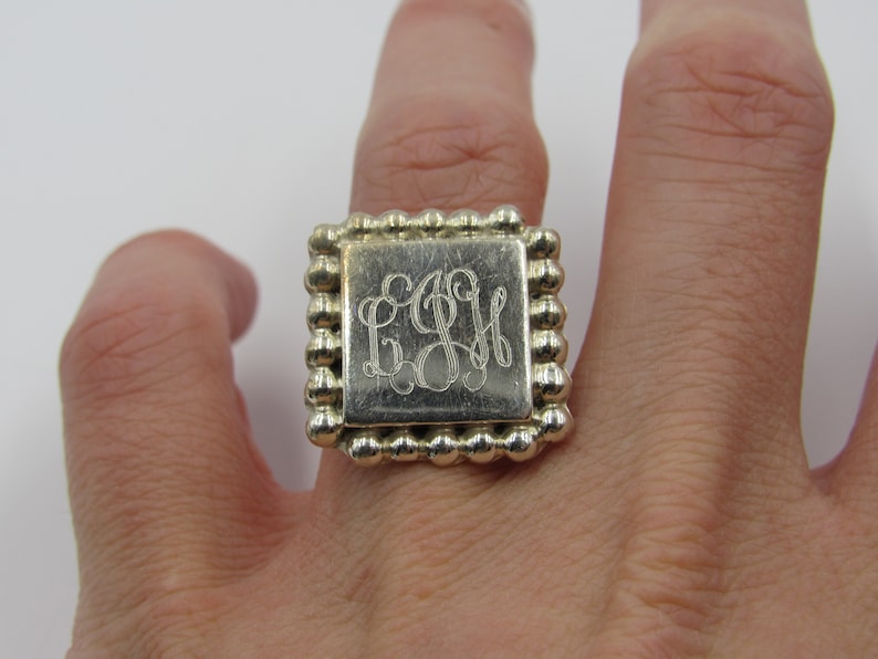 Vintage Size 8 Sterling Silver Rustic Initials Square Band Ring Cute Elegant Statement Everyday Gift Idea Stunning Minimalist Beautiful Cool
