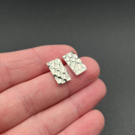 Sterling Silver Hammered Small Rectangle Stud Ear… - image 2