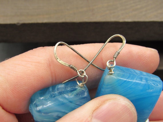 Sterling Silver Thick Blue Glass & Real Pearl Ear… - image 3